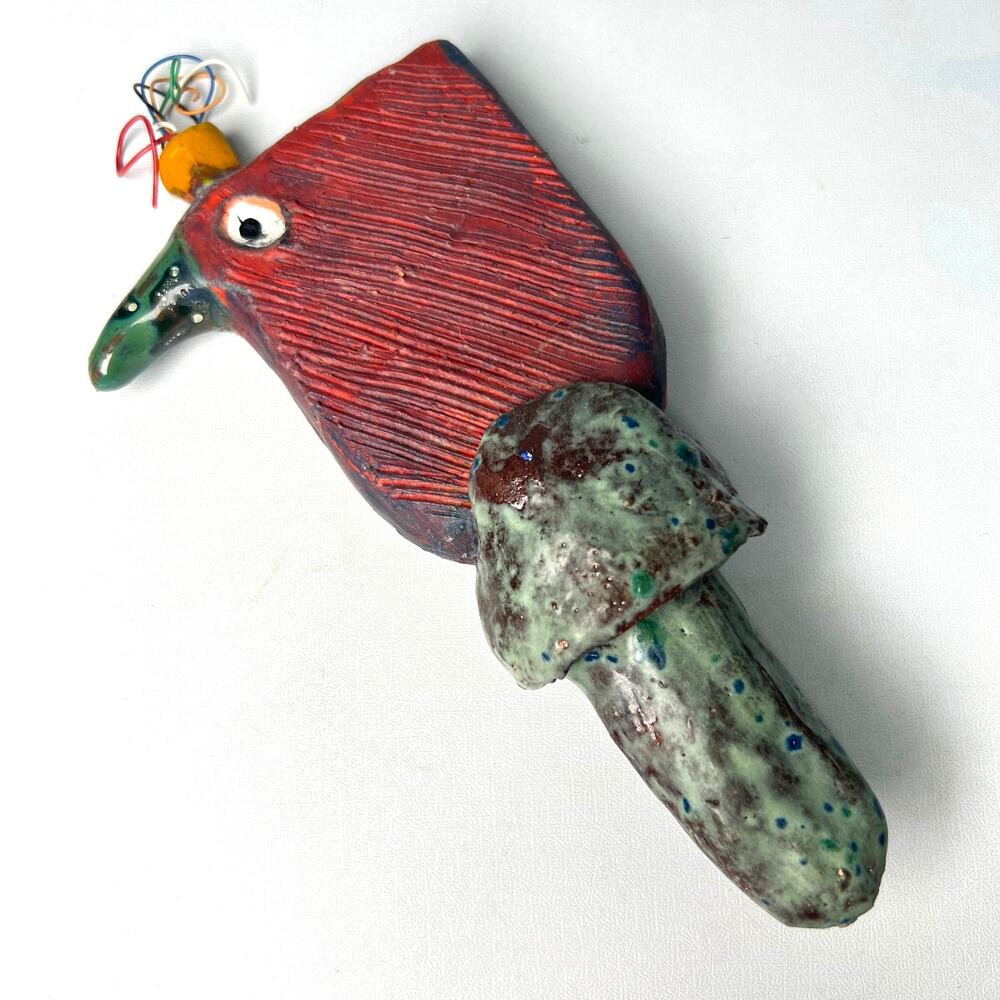 Whimsical Studio Ceramic Bird Folk Art Plant Pick Outsider Garden Sculpture